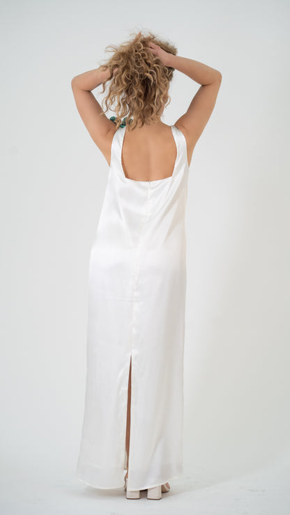 white dress, maxi dress, back side