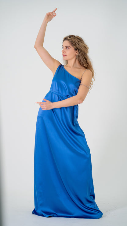 maxi dress, blue dress, front side