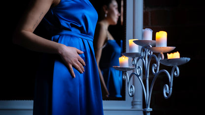 maxi dress, blue dress, side angle